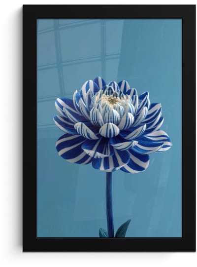 Poster in lijst - Fotolijst 20x30 cm - Posters - Bloem - Blauw - Bloemblaadjes - Streepjes - Posterlijst zwart - Decoratie - Wanddecoratie woonkamer - Muurdecoratie slaapkamer