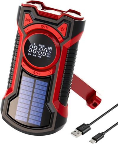 Noodradio solar & opwindbaar – 5000 mAh powerbank – Led zaklamp & leeslamp – Bluetooth – SOS alarm 115 dB – Waterdicht IPX5 – USB-C – Voor camping, stroomuitval & noodpakket – Rood – Thousandtravelmiles