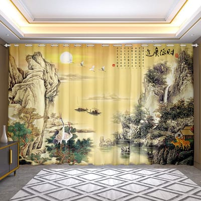 2 stuks Landschap Semi-verduisterend Gordijn op Maat voor Woonkamer Slaapkamer Vloervenster Nieuwe Moderne Chinese Stijl Zen Groot Formaat 100W130H(CM)40x51in&Grommet Top beige