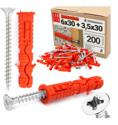LUN FIX - Dübel Set 6x30 mm + schroeven 35x30 mm - 200 stuks - slagpluggen & universele pluggen - beton, baksteen, holle blokken