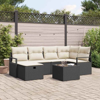 vidaXL - Bankstel - 7 - st - 6-Aantal - zitplaatsen - Zwart - en - Crème - poly - rattan