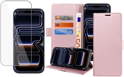 Book Case & Screenprotector geschikt voor iPhone 17 Pro Hoesje Screenprotector - Gehard Glas Cover + Magnetische Sluiting - Portemonnee Rose