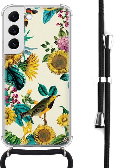 Casimoda® hoesje met koord - Geschikt voor Samsung S22 - Zonnebloemen / Bloemen - Afneembaar koord - Siliconen/TPU - Geel