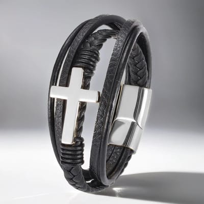 Heren Armband Leer - Zwart met Stalen Kruis - 21cm - Armbanden - Papa Cadeau Voor Mannen - Vaderdag