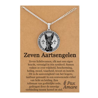 Aartsengelen met Kruis Ketting op Cadeau Kaartje - Zilverkleurig - Engelen Talisman / Medalion - Beschermengel - Engelen Hanger - 60cm