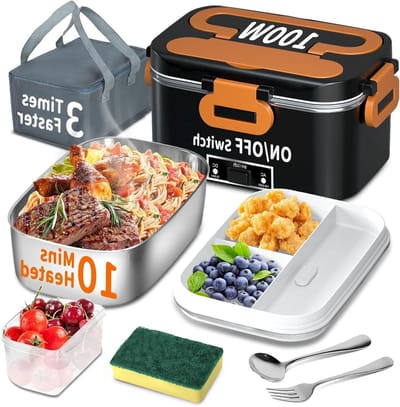 Verwarmde Lunchbox - Draagbare Oven - Warme Maaltijden Onderweg - 3-in-1 Snel Verwarmen - 1.8 Liter Capaciteit - Oranje Zwart