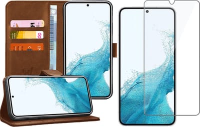Hoesje geschikt voor Samsung Galaxy S22 - Book Case Kunstleer Wallet Cover Portemonnee Pasjeshouder Hoes Bruin - Tempered Glass Screenprotector
