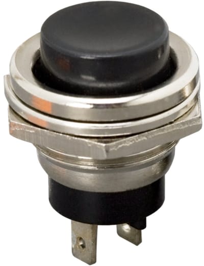 5x Inbouw Drukknop Schakelaar SPST OFF-(ON) - Momentane Push Button 250VAC 2A - Normaal Open Schakelaar Met Metalen Huls En Zwarte Kunststof Knop - Ronde Drukknop Voor Bedieningspanelen - Inbouwmaat M16x1 - Verkoopeenheid 5 Stuks [09065FK]