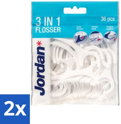 2 x Jordan Flosser 3-in-1 50 stuks per verpakking - 3-in-1 Flosser - Tandenstoker - Flosdraad - Tongschraper - Mondhygiëne