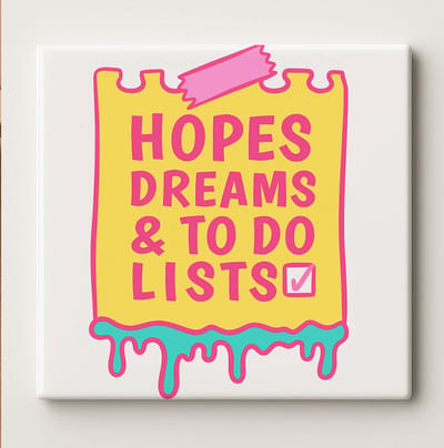 Hopen, Dromen & To-Do Lijstjes Tegel 15x15cm – Kleurrijke Motiverende Keramische Wanddecoratie – Leuk Cadeau voor Kantoor of Thuis Inspiratie
