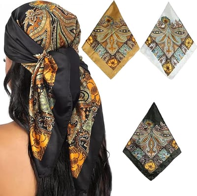 Elegante Zijden Sjaal voor Vrouwen - Drie Stuks met Zee Landschap Patroon, Ideaal voor Dagelijks Gebruik en Mode Accessoires