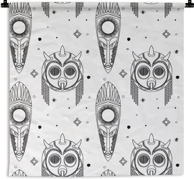Wandkleed - Wanddoek - Maya - Maskers - Zwart-Wit - Patroon - 90x90 cm - Wandtapijt