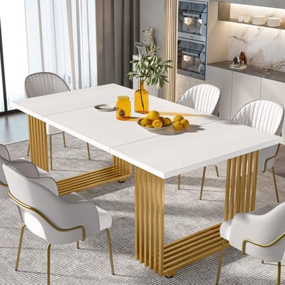 TRIBESIGNS Keukentafel - Eettafel - 180 X 79 X 79 cm - Eetkamertafel Voor 6-8 Personen - Modern Design - Goud/Wit