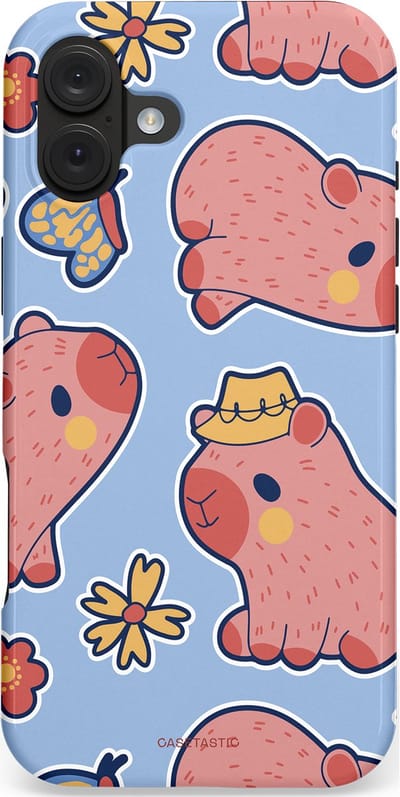 Casetastic hoesje geschikt voor Apple iPhone 16 Plus - MagSafe - Dubbellaagse bescherming - Capibara geluk - Fashion Case - Lichtblauw Perzik Grijs Koraal