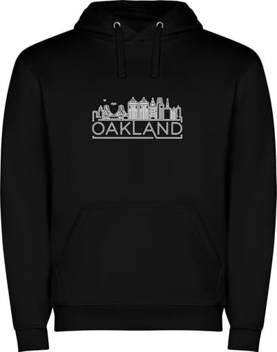 Zwarte unisex hoodie met “ Skyline Oakland Californie – Vakantiegevoel – Strak – Modern “ Print Full Color Color merk Roly maat S