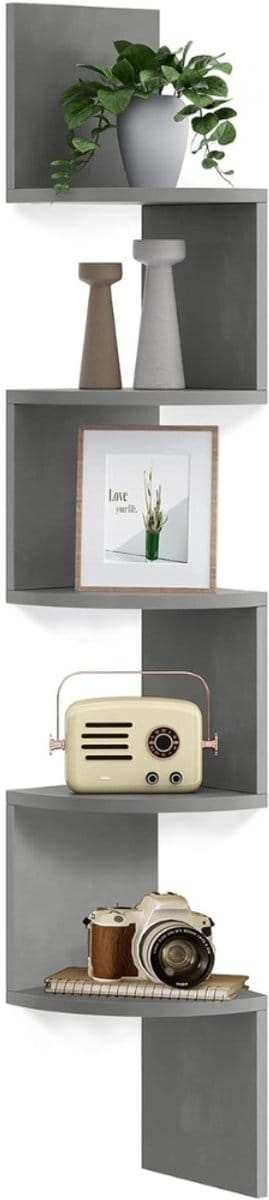 Famanu - Hoekplank met 5 niveaus, rustiek bruin, zwevende wandplank voor woonkamer, keuken of kantoor