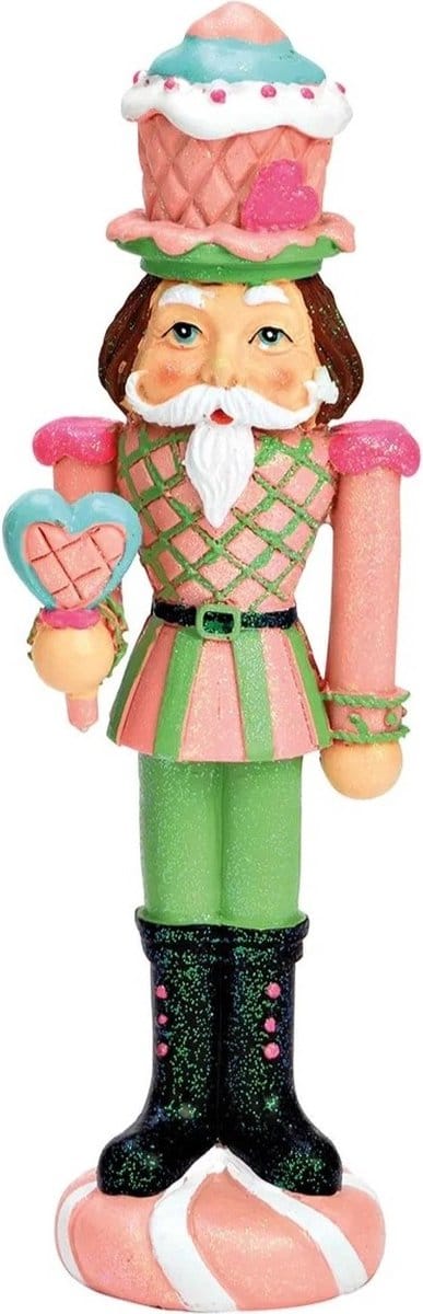 Kleurrijke notenkraker met cupcake als hoed met hartjeslolly, 24 cm hoog