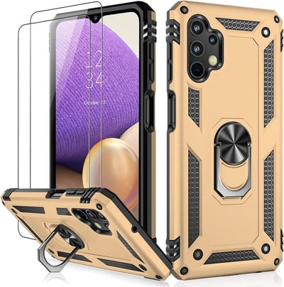 Hoesje Geschikt Voor Samsung Galaxy A32 5G Hoesje Anti-Shock Hybrid Armor hoesje Goud - Hoesje Geschikt Voor Samsung Galaxy A32 hoesje kickstand Ring houder TPU backcover hoesje - met screenprotector Galaxy A32 5G - 2 pack