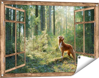 Gards Tuinposter Doorkijk Retriever Hond in het Bos met Zon - 90x60 cm - Tuindoek - Tuindecoratie - Wanddecoratie buiten - Tuinschilderij