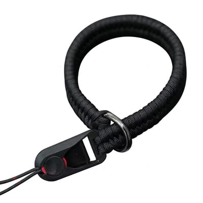 Zwarte verstelbare camera polsband met snelkoppeling – DSLR en spiegelloze camera hand strap met metalen ring