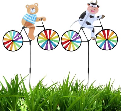 Windspinner Koe Beer - Tuindecoratie Spinner - Buitenruimte Versieren - Creatief Fietsontwerp - 53x90cm - Kleurrijk