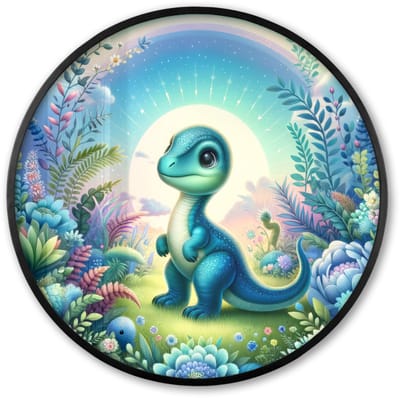 Poster in lijst Rond - Fotolijst 60x60 cm - Posters - Dino - Blauw - Regenboog - Dinosaurus - Baby - Ronde posterlijst zwart - Decoratie - Wanddecoratie woonkamer - Muurdecoratie slaapkamer