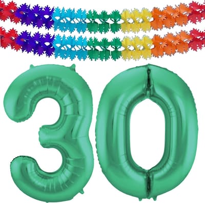 Folat Verjaardag Leeftijd folieballon - 30 jaar - groen - 86 cm - cijferballon groot - incl 2x feestslingers