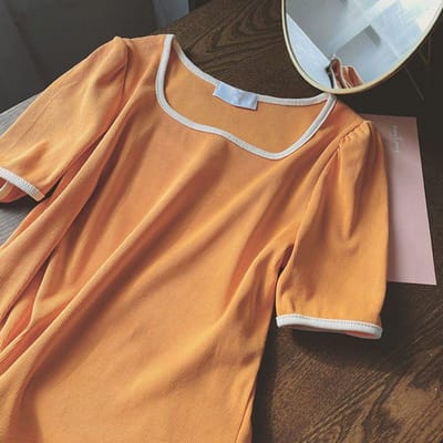 T-shirt à manches courtes amples pour femmes, bloc de couleurs, col carré, manches courtes, centaines de hauts à col ouvert 4XL orange