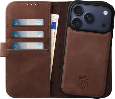 Rosso Elite Hoesje Geschikt voor Apple iPhone 17 Pro | Compatibel met MagSafe / Qi2 | Book Case en Back Cover | Magnetisch Uitneembaar | Echt Leer Beschermhoes met Pasjeshouder | Bruin