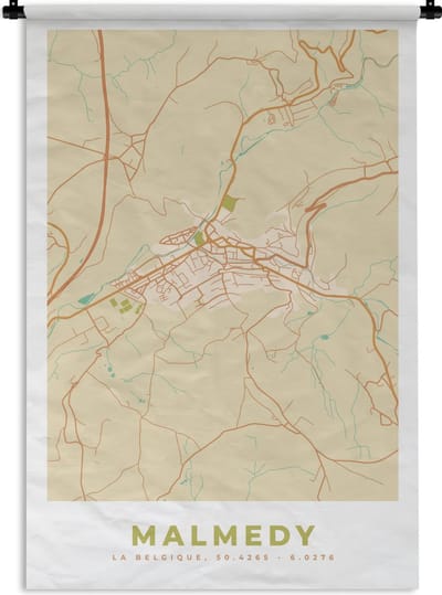 Wandkleed - Wanddoek - Plattegrond - Kaart - België - Malmedy - Stadskaart - 120x180 cm - Wandtapijt