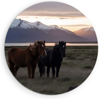 Saammp Muurcirkel Hout - Paarden in bergachtig landschap- Dieren - Natuur - Ø 90 - Wandcirkel - Wanddecoratie Cirkel - muurdecoratie Woonkamer - Slaapkamer decoratie - Rond Schilderij