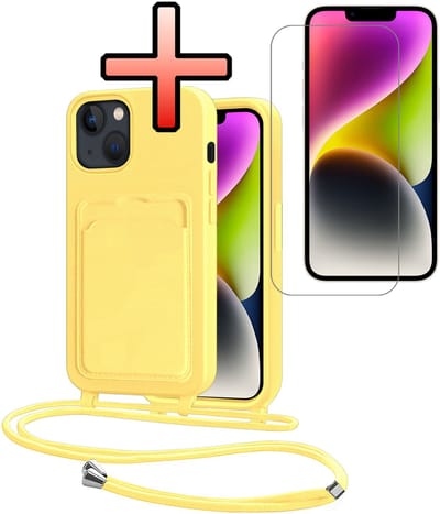 Hoes Geschikt voor iPhone 13 Hoesje Pasjeshouder Cover Met Koord Case Siliconen Hoes Met Telefoonkoord en Kaarthouder Met Screenprotector - Geel