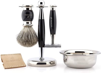 Scheerset voor heren, dubbelzijdig veiligheidsscheermes met leren etui, superscheerkwast, standaard en kom, perfecte cadeauset voor mannen