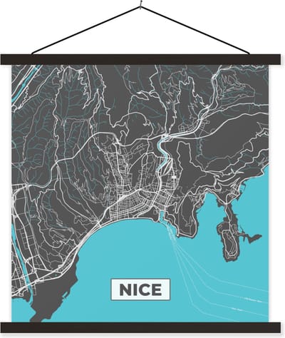 Posterhanger incl. Poster 60x60 cm - Schoolplaat - Nice - Frankrijk - Plattegrond - Kaart - Stadskaart - Textielposter - Zwarte latten - Stadskaart