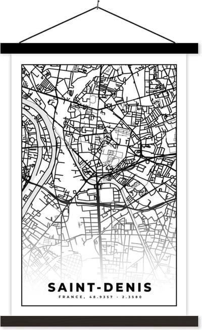 Posterhanger incl. Poster 40x60 cm - Schoolplaat - Plattegrond - Kaart - Frankrijk - Saint-Denis - Stadskaart - Zwart wit - Textielposter - Zwarte latten - Stadskaart