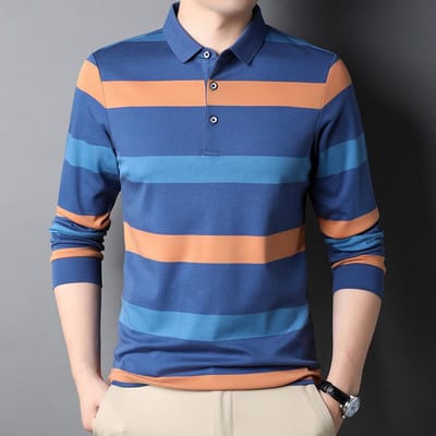Lente Nieuwe Mode Casual Jong en Middelbare Leeftijd Heren Gestreept Dunne Revers Poloshirt T-shirt met Lange Mouwen 3XL blue