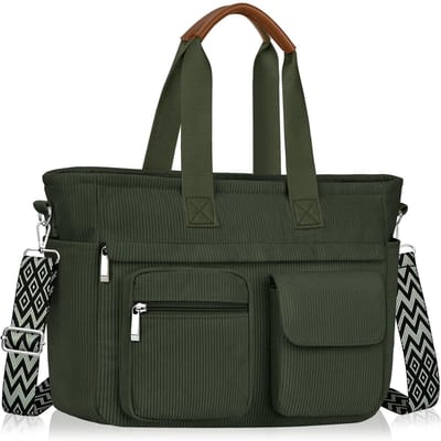 Damestas, grote corduroy schoudertas met laptopvak 13-14 inch en afneembare riem geschikt voor shopper voor werk en studie "Groen"
