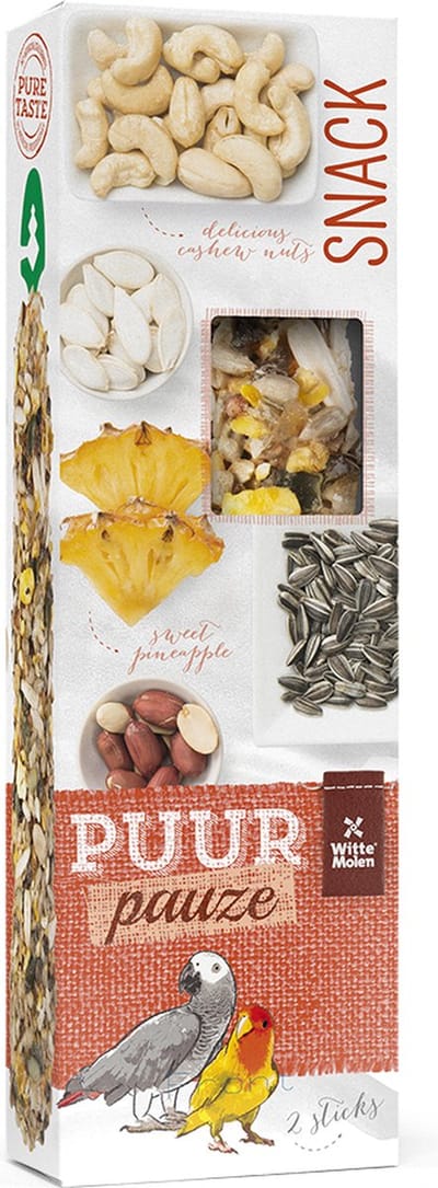 Witte Molen - Vogelsnack - Vogel - Puur Pauze Sticks Papegaai Ananas & Pinda 140gr - Tray - 2st