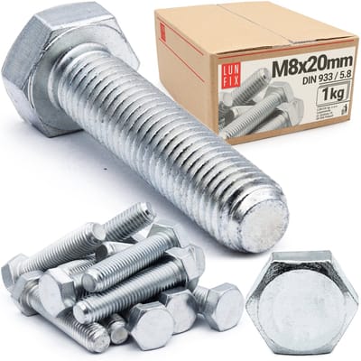 LUN FIX - Zeskantschroeven M8x20 - 1 kg (ca. 77 stuks) - DIN 933 Volledige schroefdraad - verzinkt staal