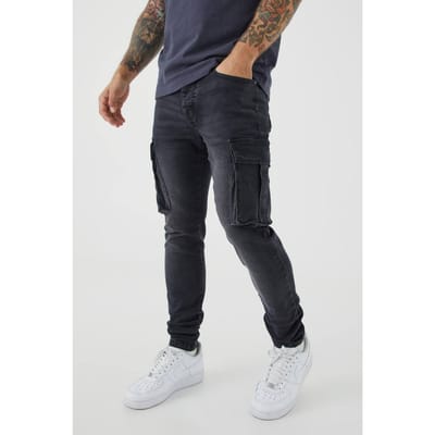 Skinny Stretch Washed Cargo Jeans | Washed Black | Size 28R
