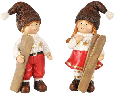 Dekoratief | Winterkindje staand m/ski's, rood/wit, resina, 7x5x16cm, set van 2 stuks | A255241