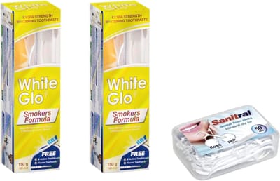 White Glo Smokers Formula Whitening Tandpasta 150 g x 2 (met Sanitral 50 tandzijdestokje als cadeau)