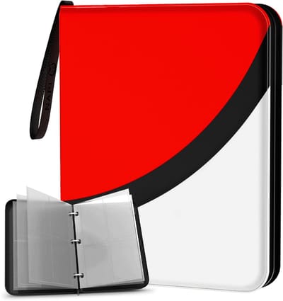 Napi Verzamelmap voor 400 Kaarten - Binder Map voor Kaarten - 4 Pocket - Kunstleer - Premium Card Binder met Ritssluiting - 50 Pagina's - A5 Formaat - Rood/Wit