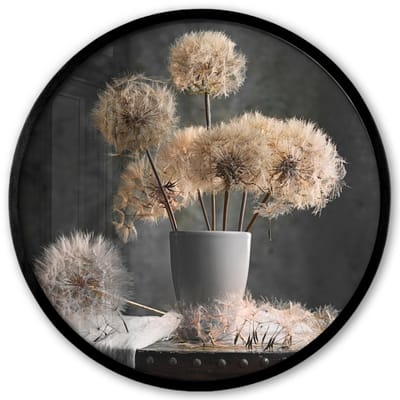 Poster in lijst Rond - Fotolijst 40x40 cm - Posters - Bloemzaden - Paardenbloem- Vaas - Stilleven - Boeket - Ronde posterlijst zwart - Decoratie - Wanddecoratie woonkamer - Muurdecoratie slaapkamer