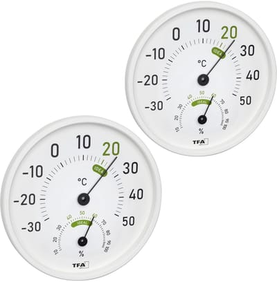 Analoge Thermo-Hygrometer Binnen en Buiten met Kleurzones voor Gezond Binnenklimaat (Set van 2)