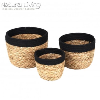“NATURAL LIVING – Set van 3 manden van zwarte katoenen koord met rietstengel”