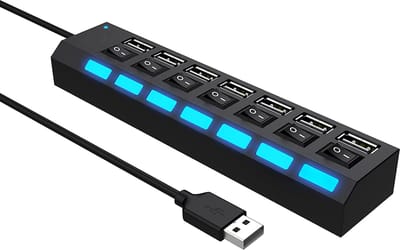 Oneay 7-poorts USB 2.0-hub met individuele schakelaars en LED's, USB 2.0-splitter voor alle USB-apparaten