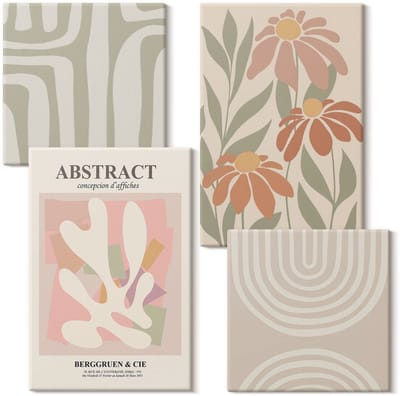 Wallfluent Set van canvas schilderijen - Abstracte vormen met plantenmotieven in pasteltinten Canvas Schilderijen Set - Set van 4 Canvas Schilderijen - Beige Set van Canvas Prints - Abstractie Canvas Kunst Set - Boheemse Canvas Kunst Set
