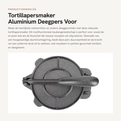 Dailygoods- Tortillapers 15,5 cm - Gietijzeren Pers - Antiaanbaklaag - Multifunctioneel Keukengereedschap - Duurzaam Aluminium - Perfecte Druk - Deegpers
