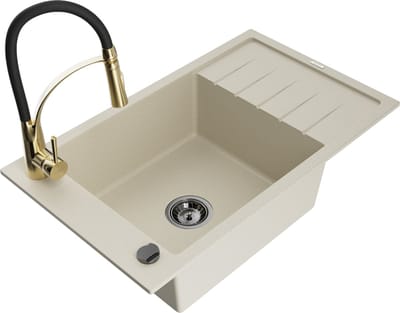 Mexen Elias granieten spoelbak met 1 bak en afdruiprek en keukenmengkraan Aster, beige - 6511-69-73450-57-B